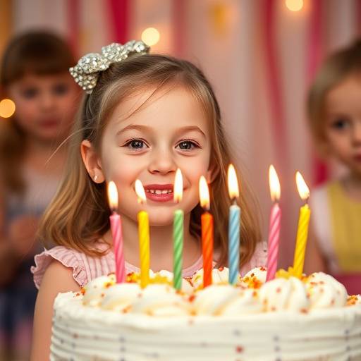 Menina sorrindo enquanto apaga as velas do bolo de aniversário durante uma festa infantil.