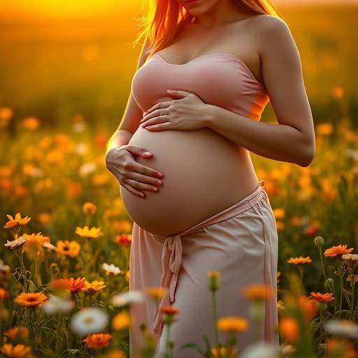 Mulher grávida posando em um campo florido com as mãos na barriga durante um ensaio de gestante.